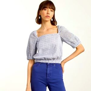 NWT Everlane puff-sleeve tie back top. Light blue and white